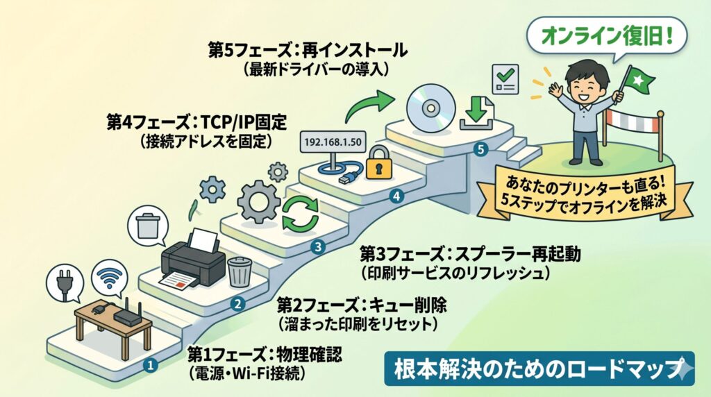プリンターがオフラインになる原因の解決手順 class=